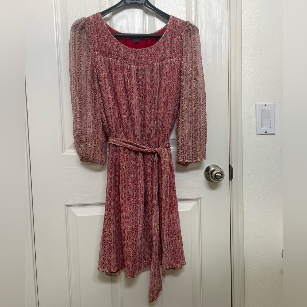 Armani Exchange Red Metallic Dress With Bishop Sleeves And Tie Wasit